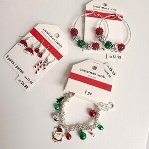 Christmas Jewelry Bracelet, Hoop Earrings, Drop Earrings Set of 3